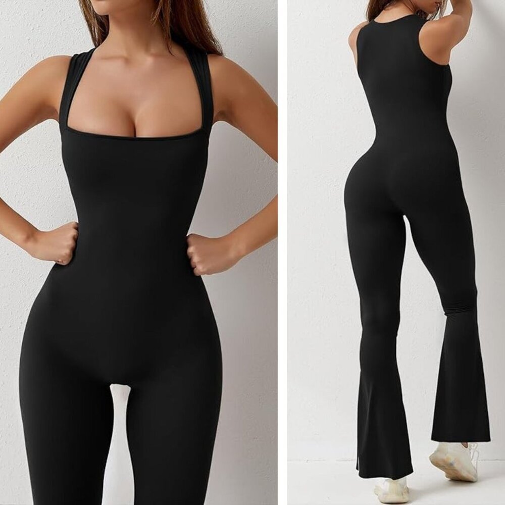 Black Square-Neck Fitted Jumpsuit
